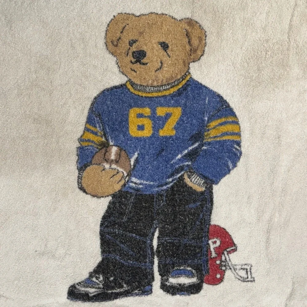 Vintage Ralph Lauren Sport Polo Bear Beach Towel Football 67 White Cotton USA